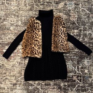 Black Sweater Dress with Leopard Print Vest